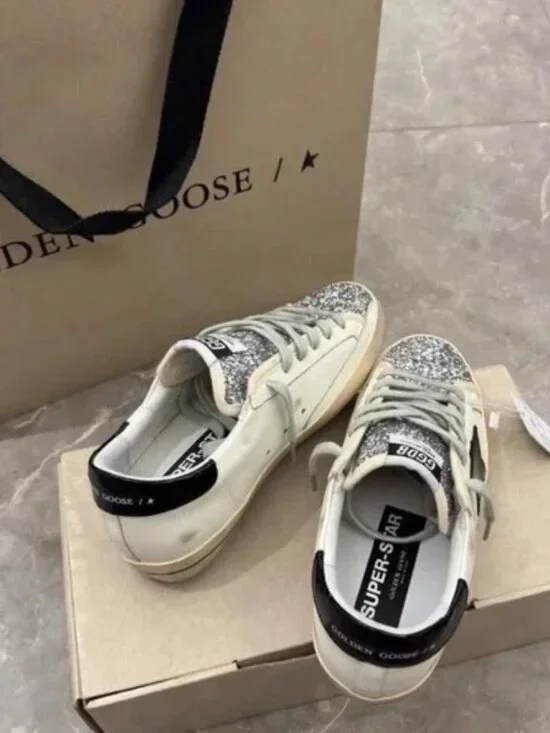 Golden Goose White Leather Sneakers with Black Star & Glitter Toe - Picture 7 of 8